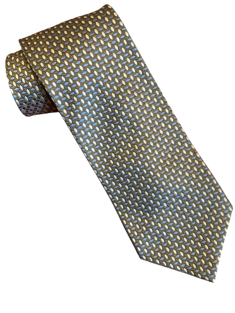 Geoffrey Beene 100% Silk Geometric Tie Blue Olive Gold 4” Wide